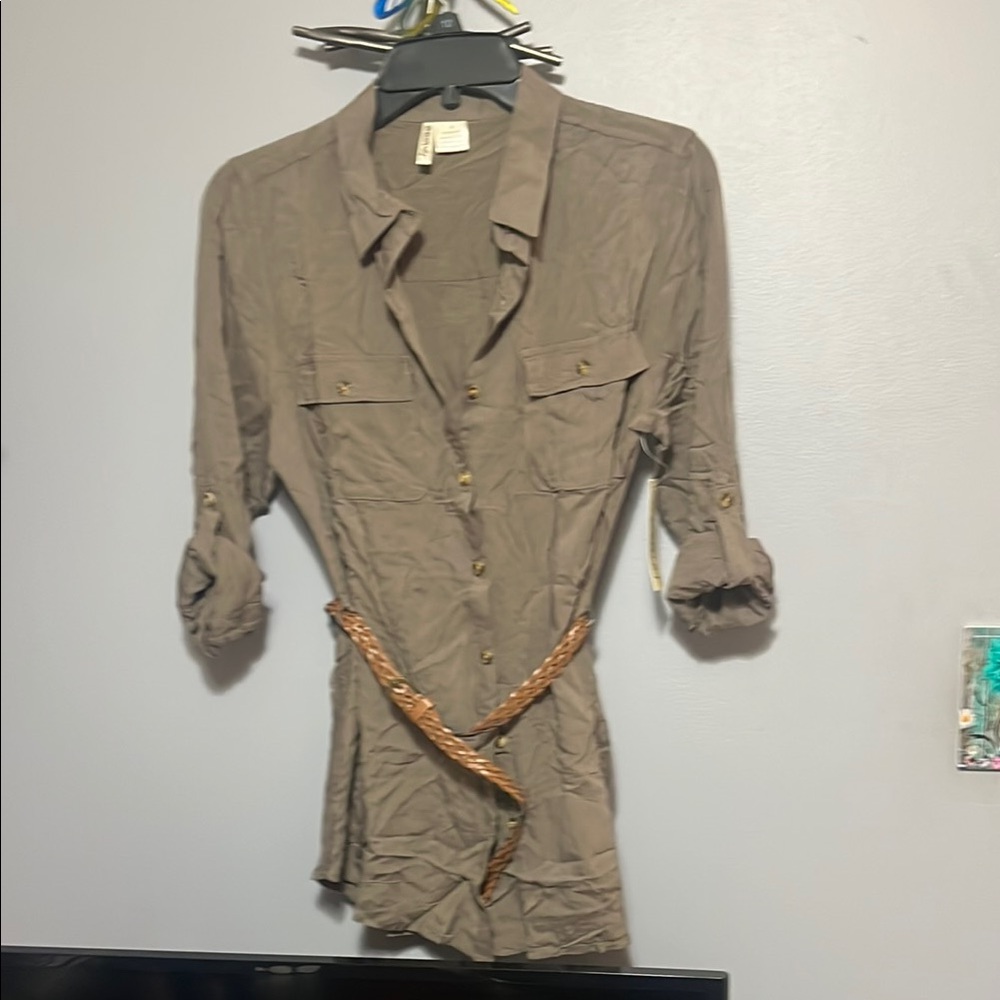 Passport Green/Brown Button-Up Shirt with Braided Belt